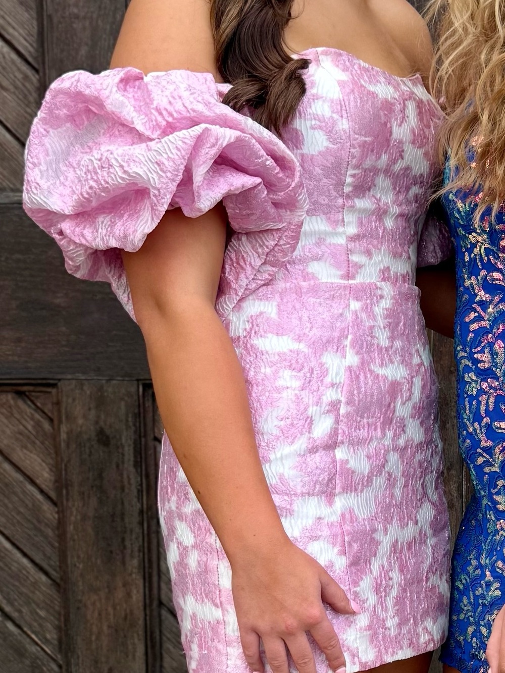 Off-Shoulder Pink and White Textured Prom Dress with Puff Sleeves